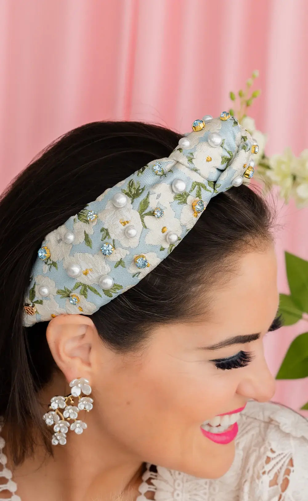 Brianna Cannon Light Blue & White Floral Headband with Crystals