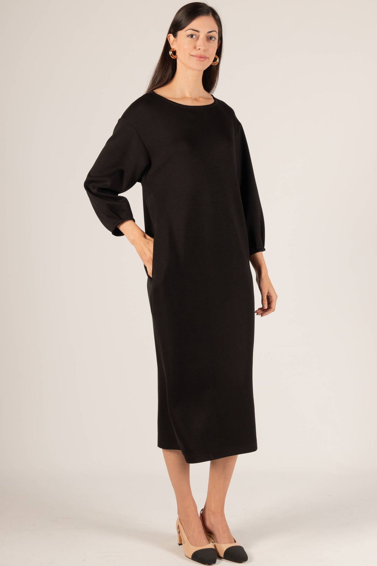 P. CILL Butter Modal Pintuck Sleeve Midi Dress:  Black