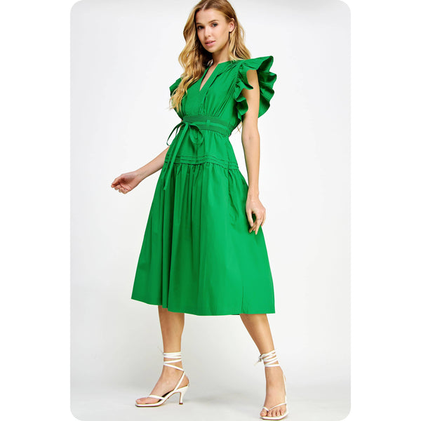 Francine Flutter Sleeve Poplin Midi Dress: Emerald