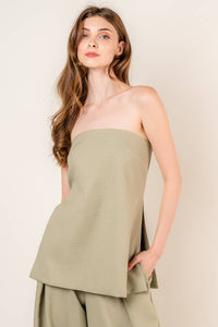 Francis Front Pleat Tailored Pant or Strapless Woven Side Slit Top -OLIVE or IVORY