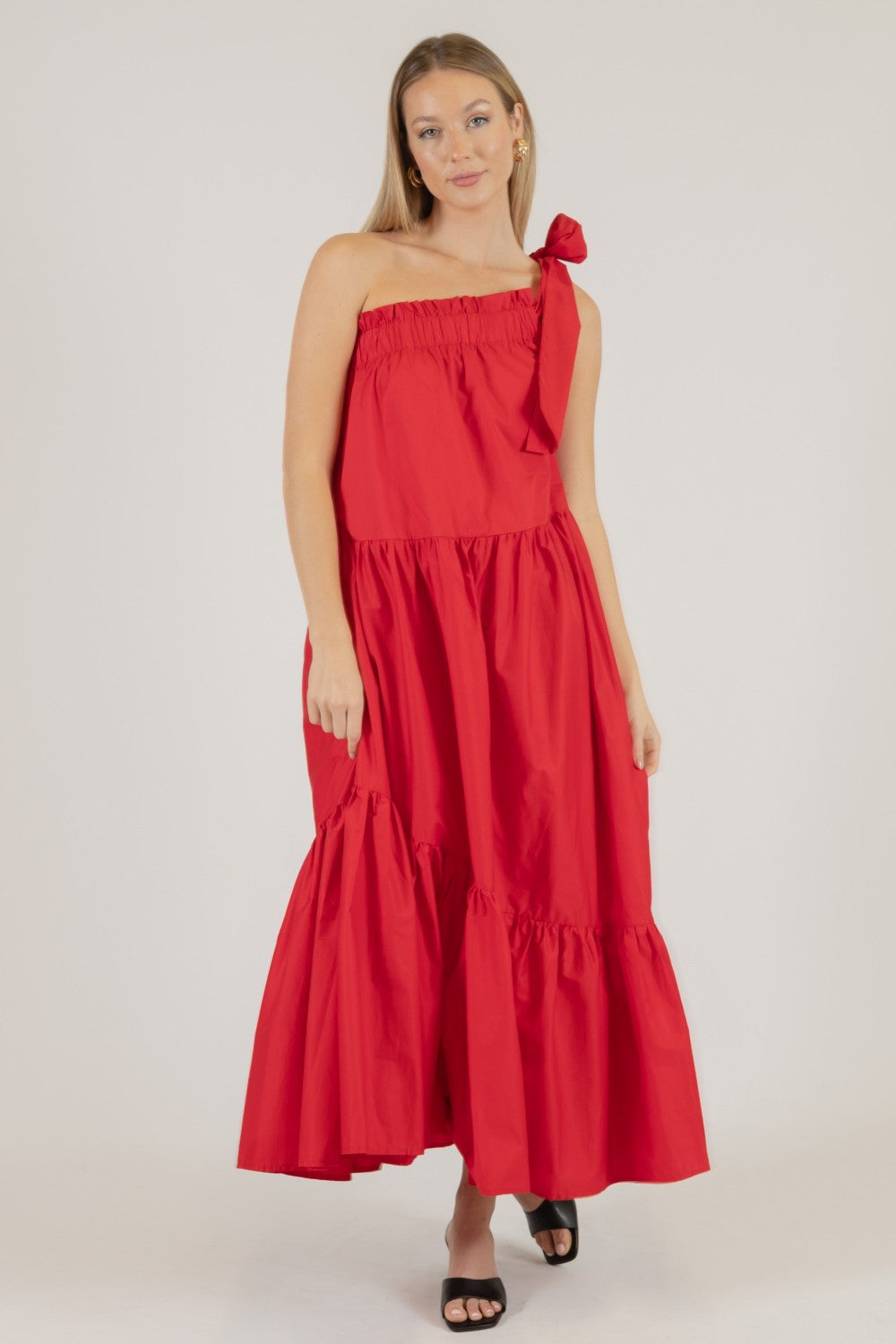 Emily Poplin One Shoulder Ruffle Bottom Maxi Dress Red / Medium