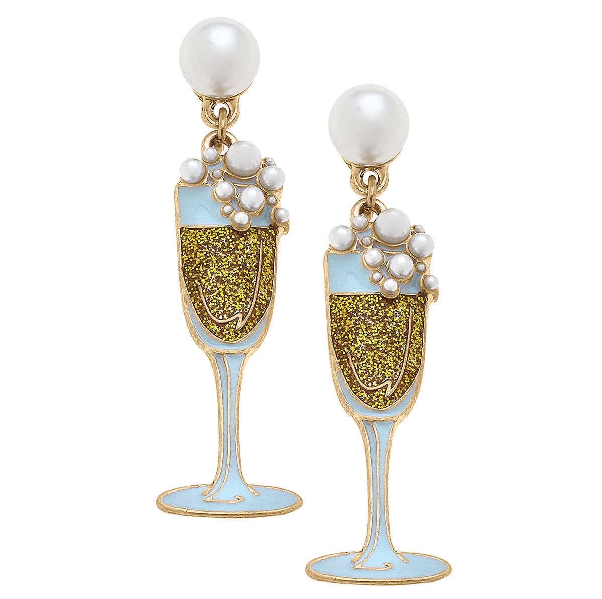 Glass of Bubbly Pearl Enamel Earrings in Gold