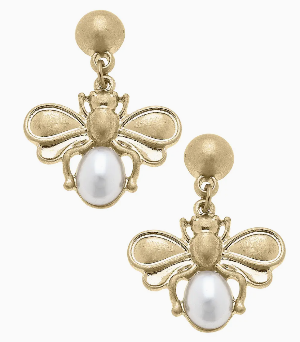 Pearl Bumble Bee Drop Earrings  or Necklace in Worn Gold