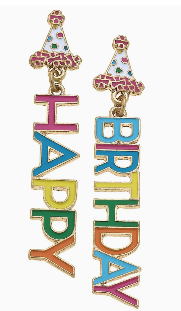 Happy Birthday Enamel Earrings in Rainbow Multi