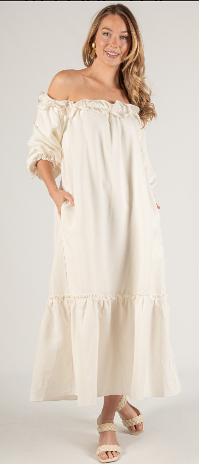 Lila Linen Blend Ruffled Neckline Off Shoulder Dress White / SMALL