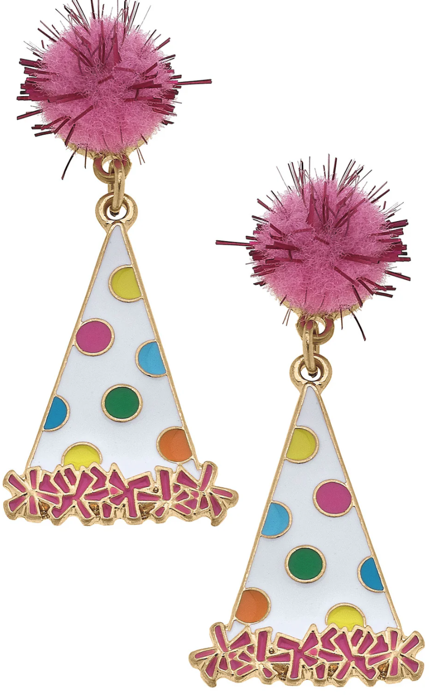 Polka Dotted Party Hat Enamel Earrings