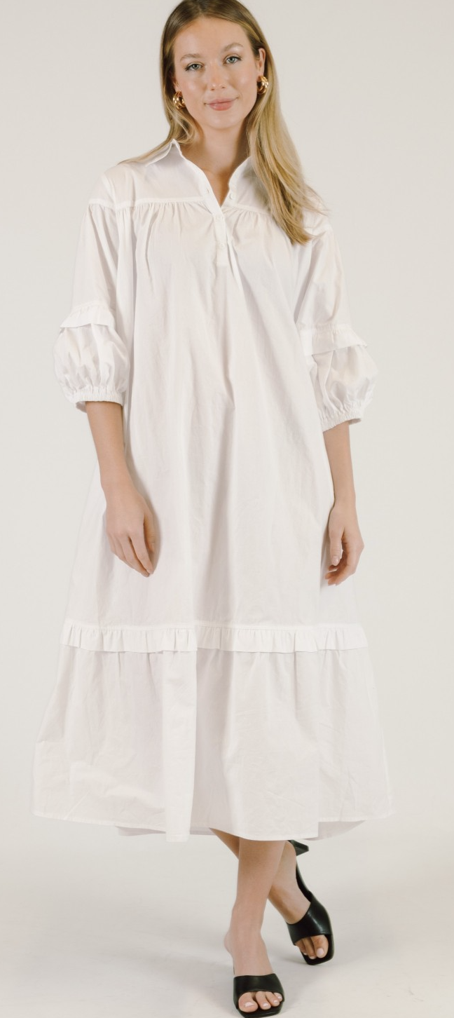 poplin midi dress with sleeves Jasmine Poplin Puff Sleeve Collared Midi Dress XS