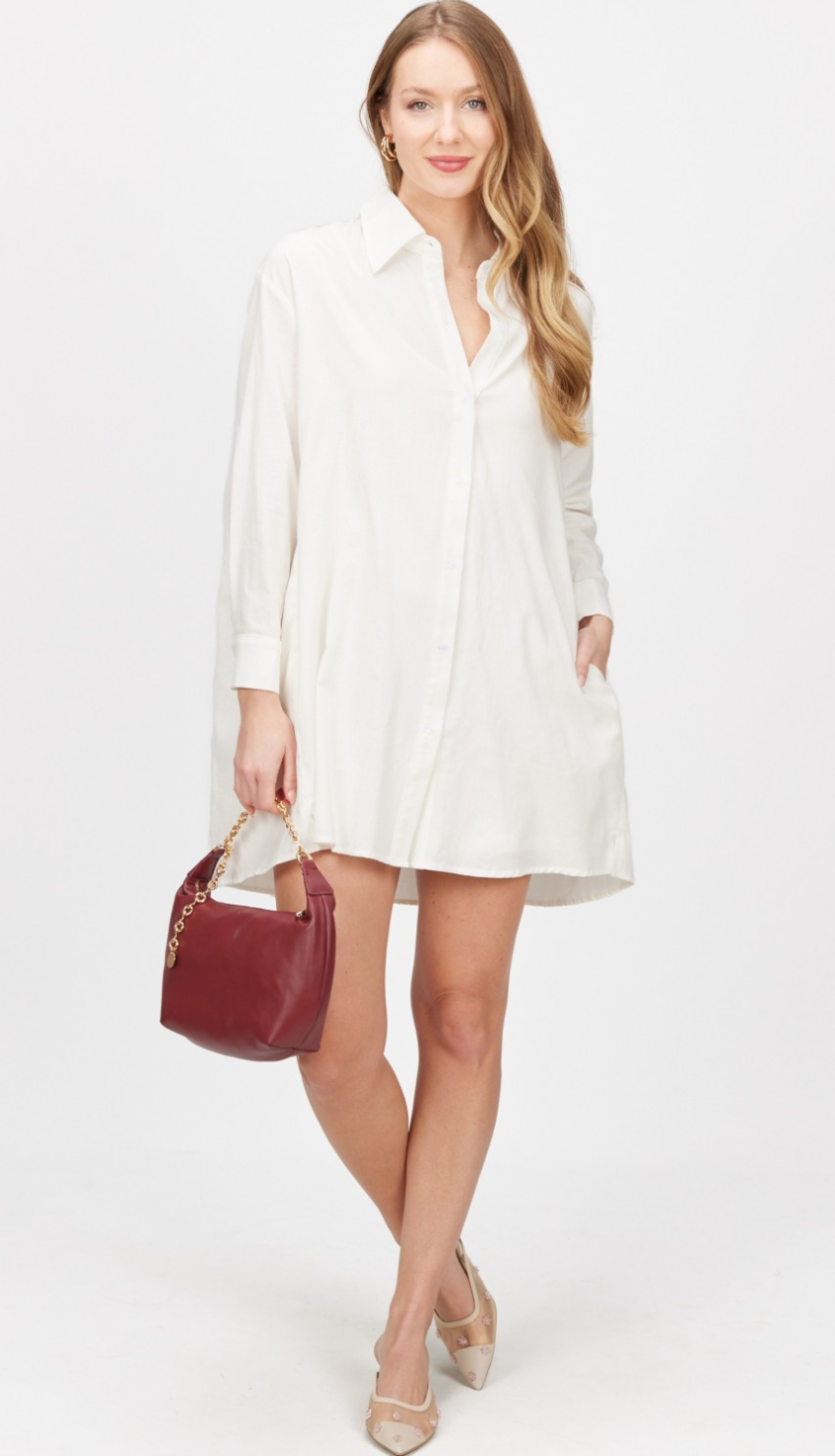 Mia Cotton Poplin Pleated Back Button Up Shirt Dress Small