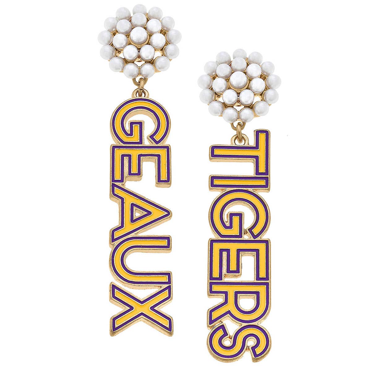 LSU Tigers Pearl Cluster Outline Enamel Drop Earrings in Yel
