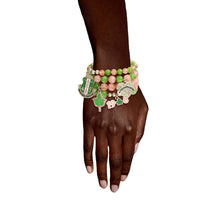 Sorority Inspired Green Pink Charm Bracelets: Stretch to Fit / Pink and Green / Rhodium