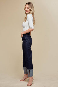 STRAIGHT LEG BOYFRIEND FIT CUFFED JEANS- DARK DENIM