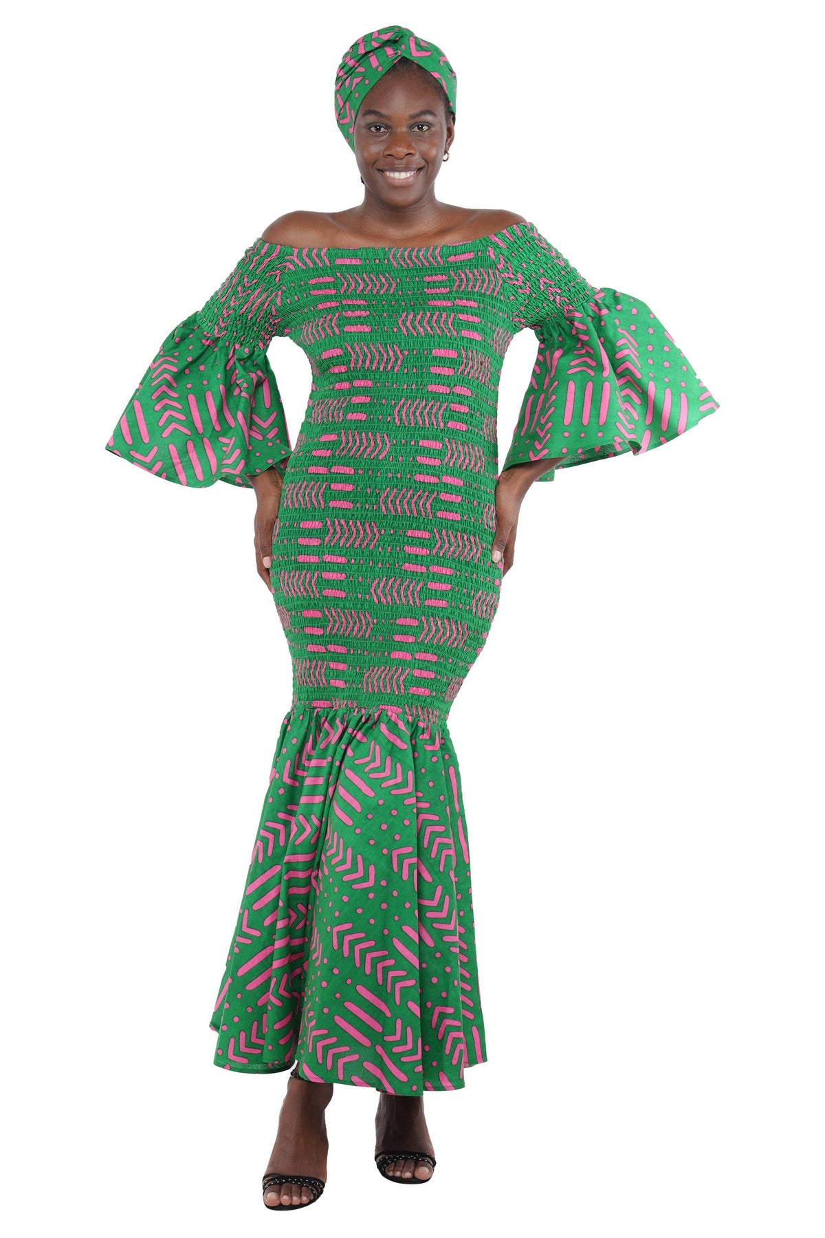 African Kente Ladies Long Smocked Mermaid/Fish Tail Dress: One Size