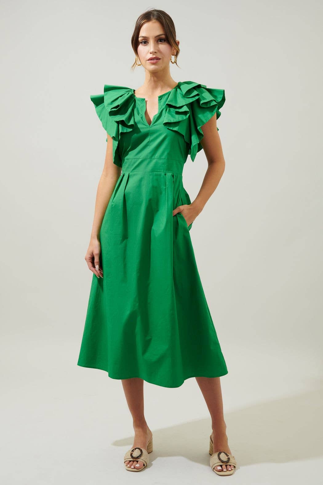 Santana Ruffle Sleeve Tie Back Midi Dress: Kelly-Green