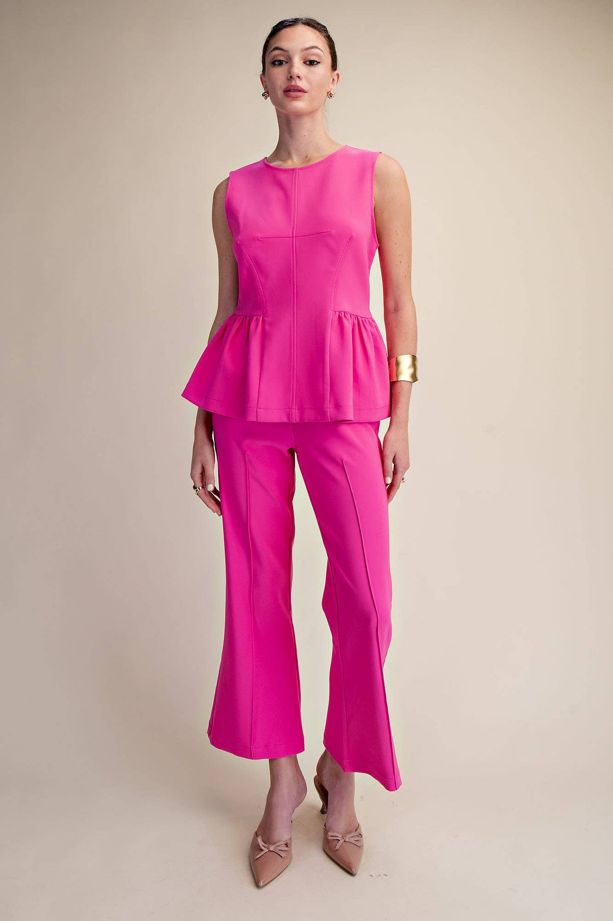 Peplum Top Round Neck Stitch Detail : Pink / M