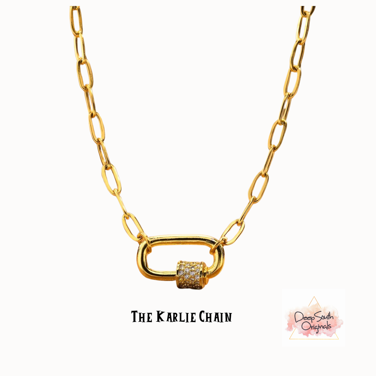 "Karlie Necklace" ~ 18k GP Paperclip Chain with Lock : 18in. + 2in. ext.