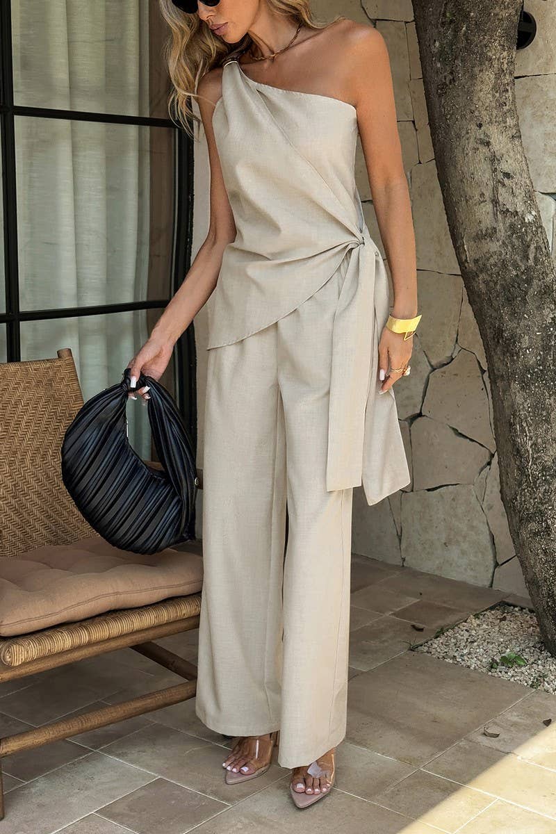 CWSTB01347_ELEGANT RESORT-STYLE BEIGE OFF-SHOULDER SUIT: KHAKI / (M) 1