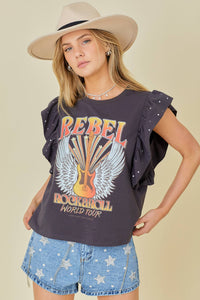 Rock n Roll Print Rhinestone Ruffle Top: CHARCOAL