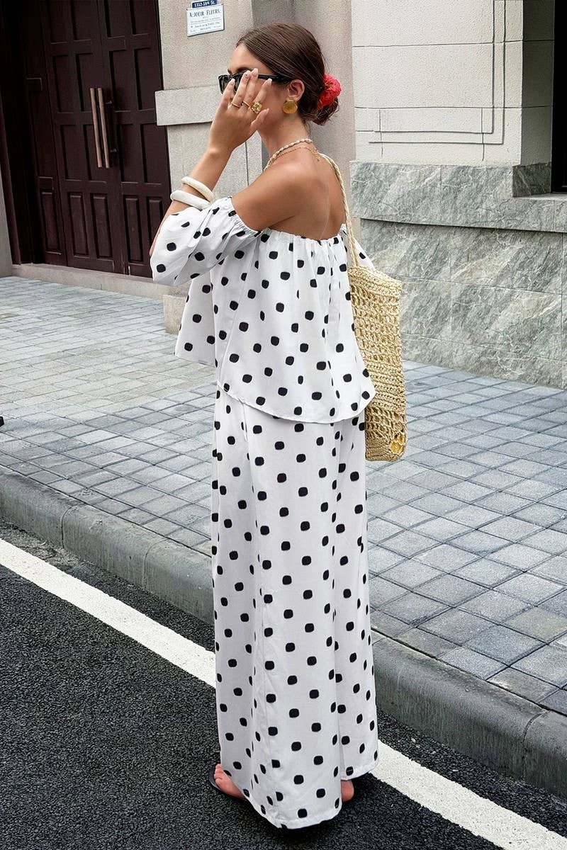 CWSTB01204_CASUAL POLKA DOT OFF-SHOULDER TOP AND PANTS SET: WHITE / (L) 1