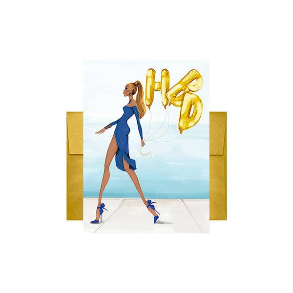 HBD Balloons in Blue & Gold Greeting Card