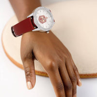 DST Red Leather Silver Sun Cut Dial Watch Women: Color: Red / Plating: Rhodium / Size: Adjustable