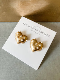 Gold Pearl Heart Statement Studs - Valentine's Xoxo