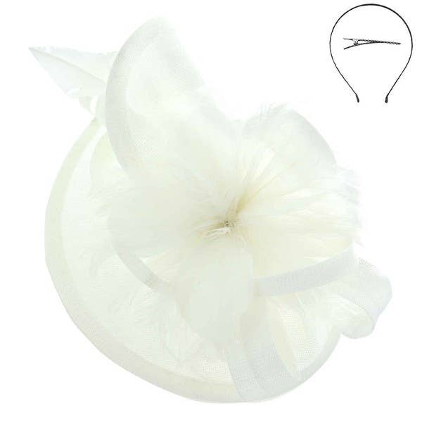 SINAMAY FEATHER FASCINATOR WITH HEADBAND AND CLIP - White