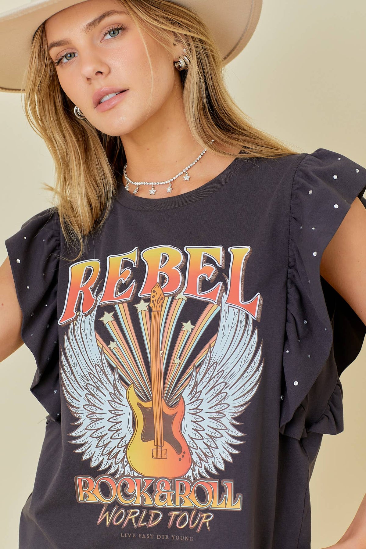 Rock n Roll Print Rhinestone Ruffle Top: CHARCOAL