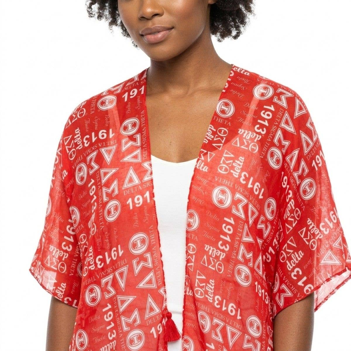 DST Red and White Graphic Print Viscose Kimono: Color: Red and White / Plating: Multi Tone / Size: 34 x 34 inches