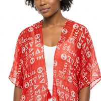 DST Red and White Graphic Print Viscose Kimono: Color: Red and White / Plating: Multi Tone / Size: 34 x 34 inches