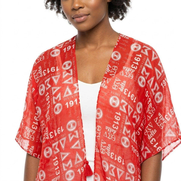 Delta Sigma Theta Sorority  Red and White Graphic Print Viscose Kimono