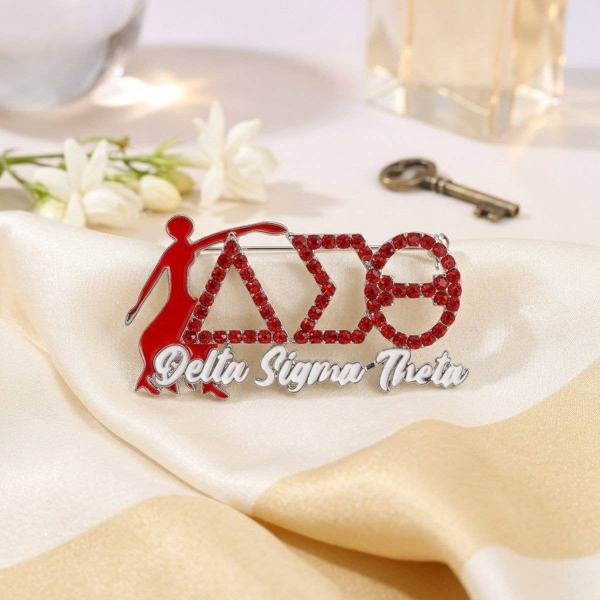 Delta Sigma Theta Red Fortitude Rhinestone Brooch: Red and White / Rhodium / 1.5 x 2.75 inches