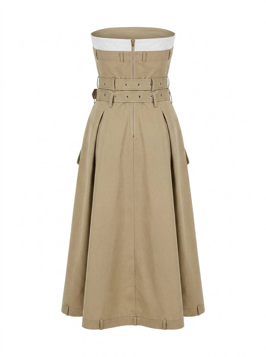 Strapless Trench Style Midi Dress with Double Belt Detail: Beige / S