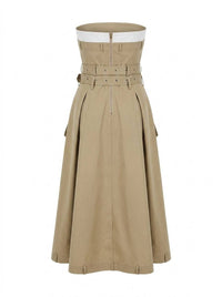 Strapless Trench Style Midi Dress with Double Belt Detail: Beige / S