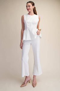 High Waist Stitch Pleats Flare Crop Stretchy Pants: White / L