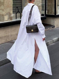 Long Sleeves Loose Buttoned Solid Color Split-Side Lapel Maxi Shirt Dress: WHITE / M