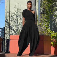 Solid Color Off Shoulder Jumpsuit Harem Pants: Red / L