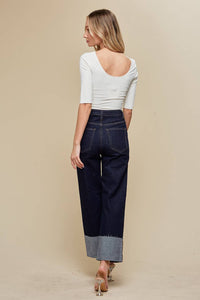 STRAIGHT LEG BOYFRIEND FIT CUFFED JEANS- DARK DENIM