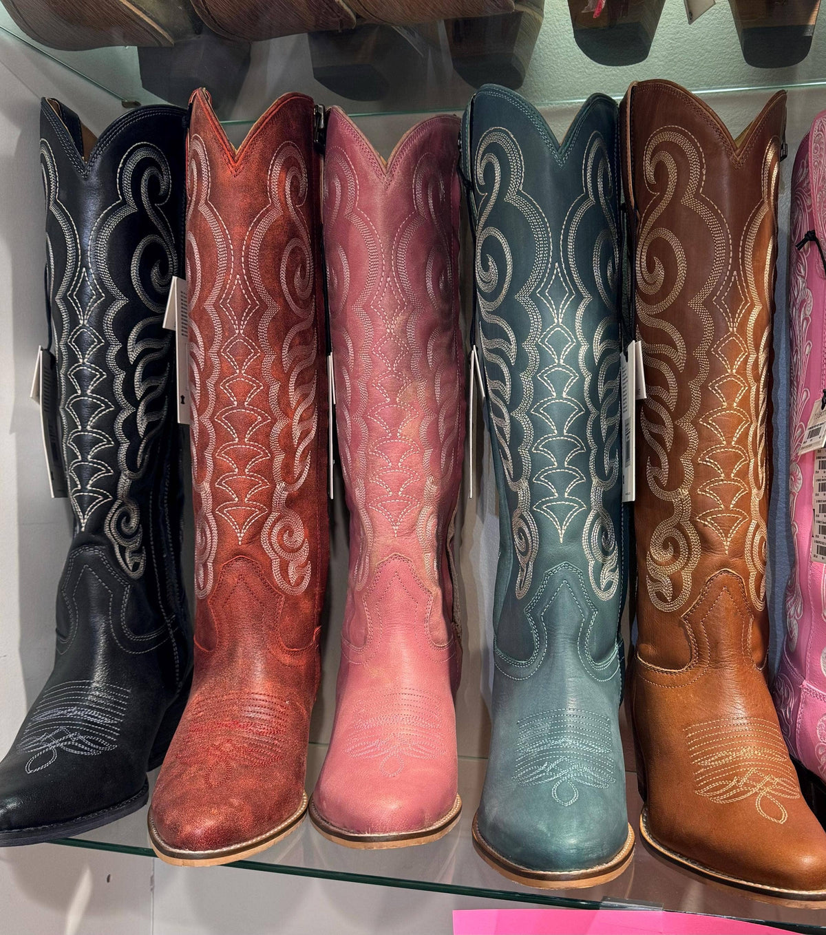 Traditional Western Flame stitched Leather Boots Black Red Turquoise Brown & Pink Cowgirl Boots: Pink / 8