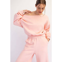 FRENCH TERRY FLEECE OFF SHOULDER TOP: Peach Pink / S-M-L(2-2-2)