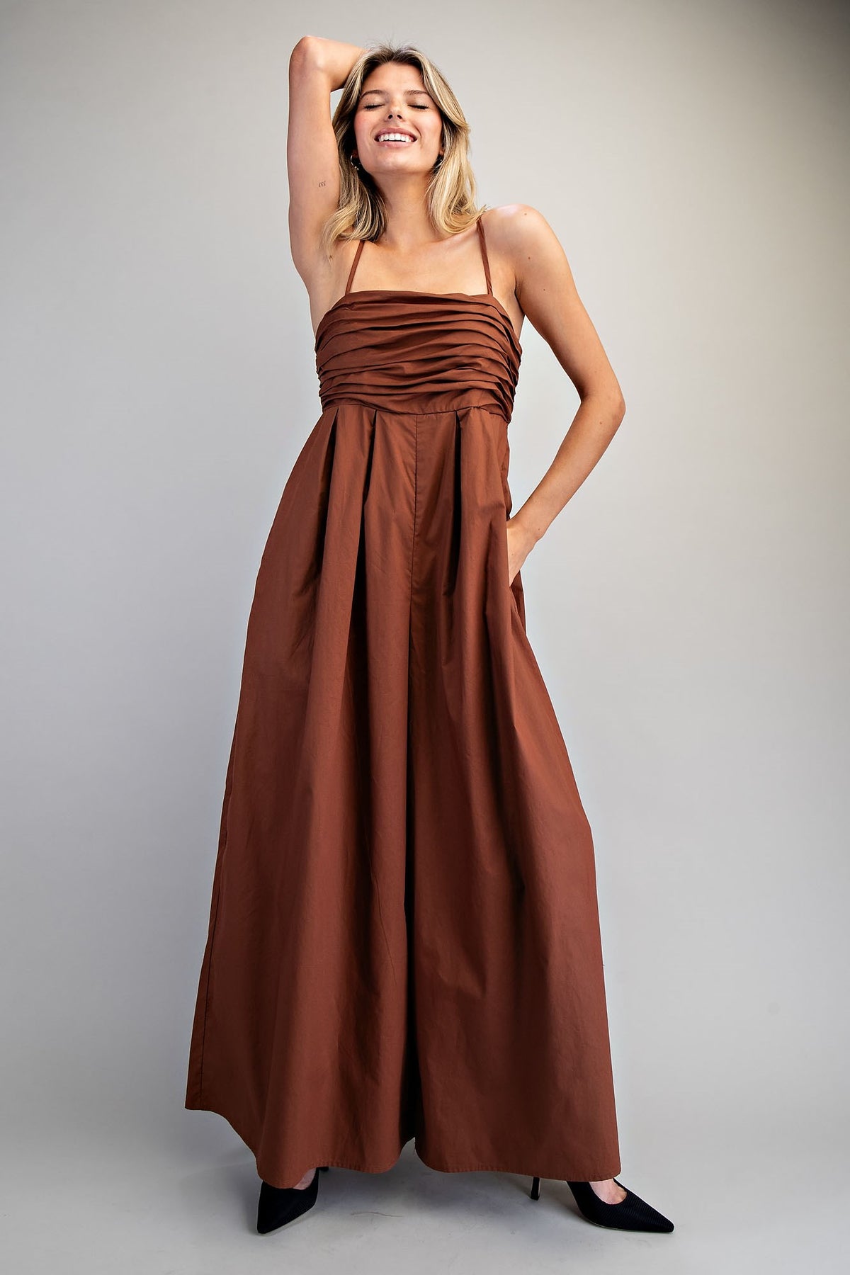 Charis Solid Ruched Sleeveless Jumpsuit