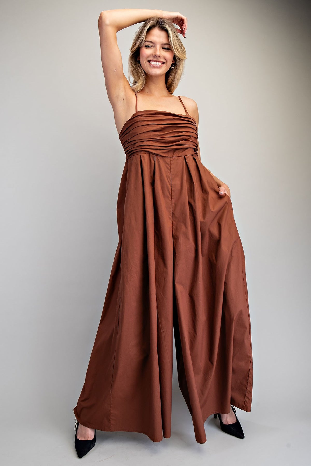 Charis Solid Ruched Sleeveless Jumpsuit