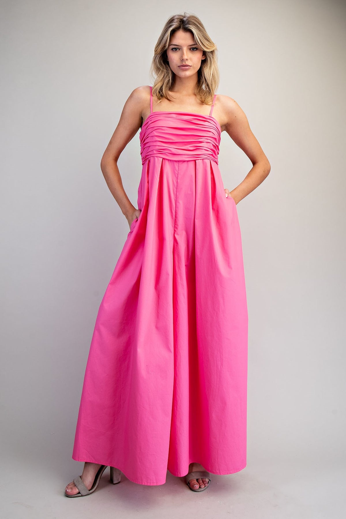 Charis Solid Ruched Sleeveless Jumpsuit