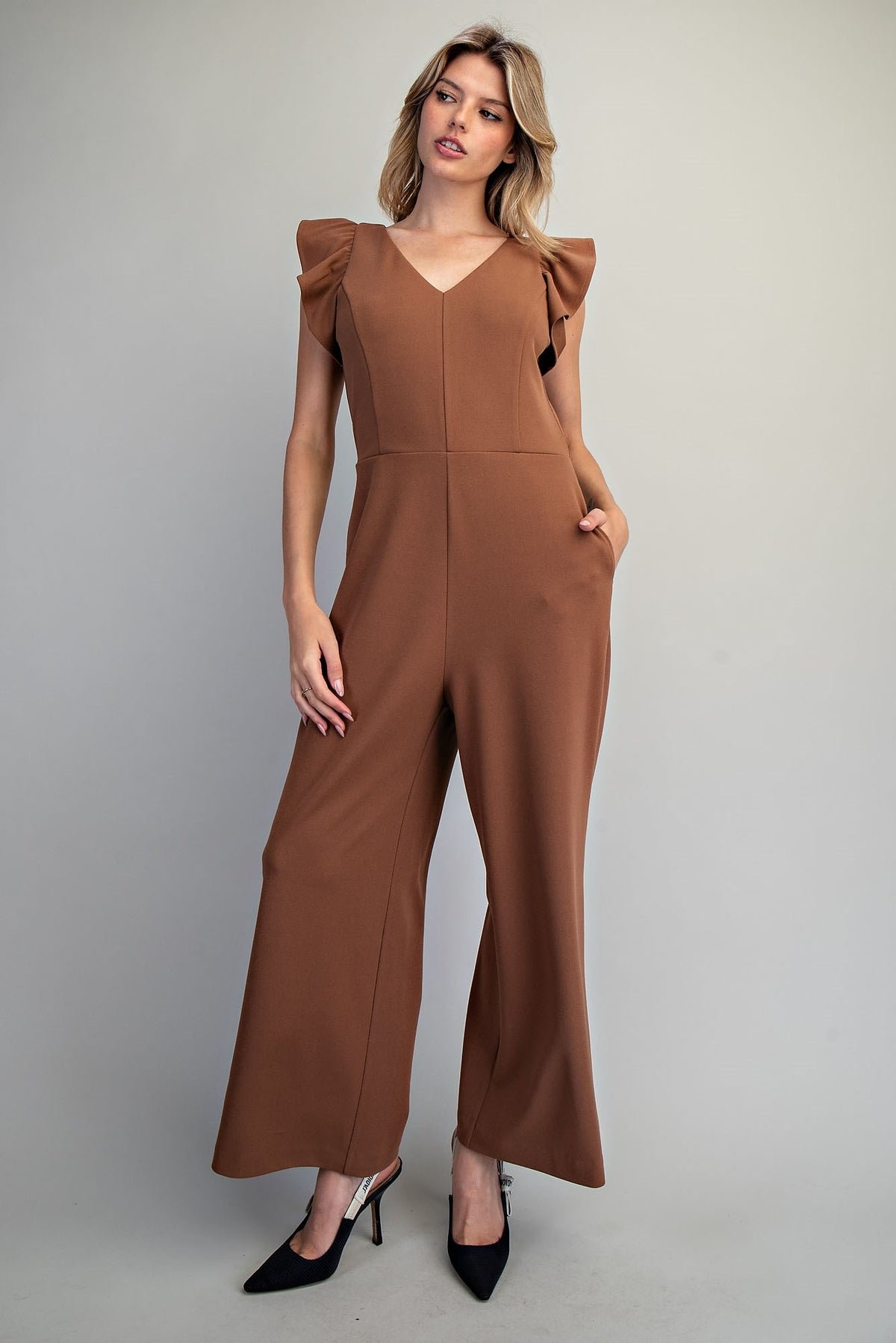 Betsy Solid V-Neck Ruffle Jumpsuit