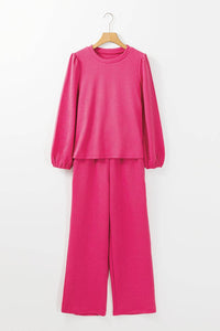 Puff Sleeve Top and Pants Set: Rose Red  or Black