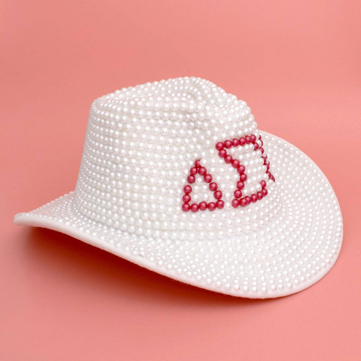DST Sorority White and Red Pearl Fedora Hat Women\