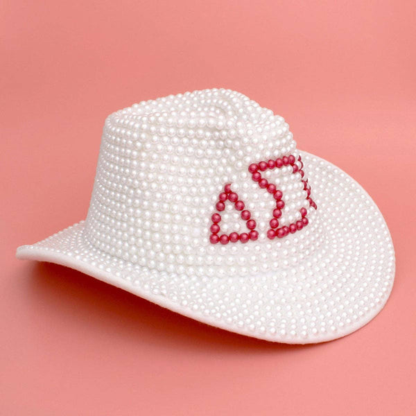 DST Sorority White and Red Pearl Fedora Hat Women\