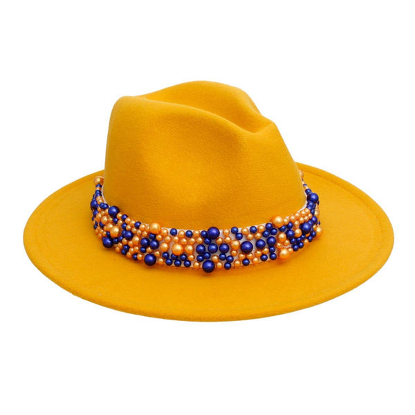 SGR Sorority Yellow Fedora Pearl Band Hat Women: Yellow / Multi Tone / One size