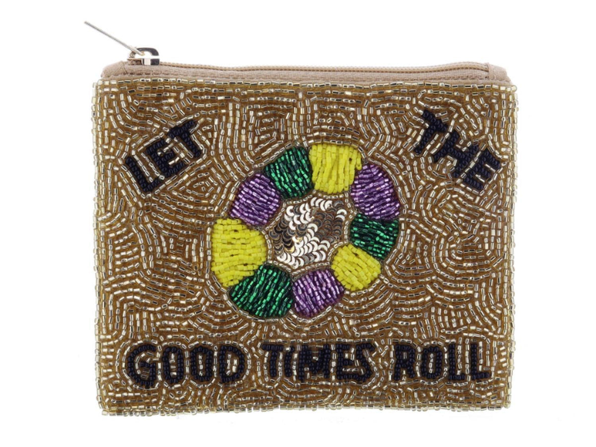 LET THE GOOD TIMES ROLL" and Multi Beaded King Cake Coin Purse