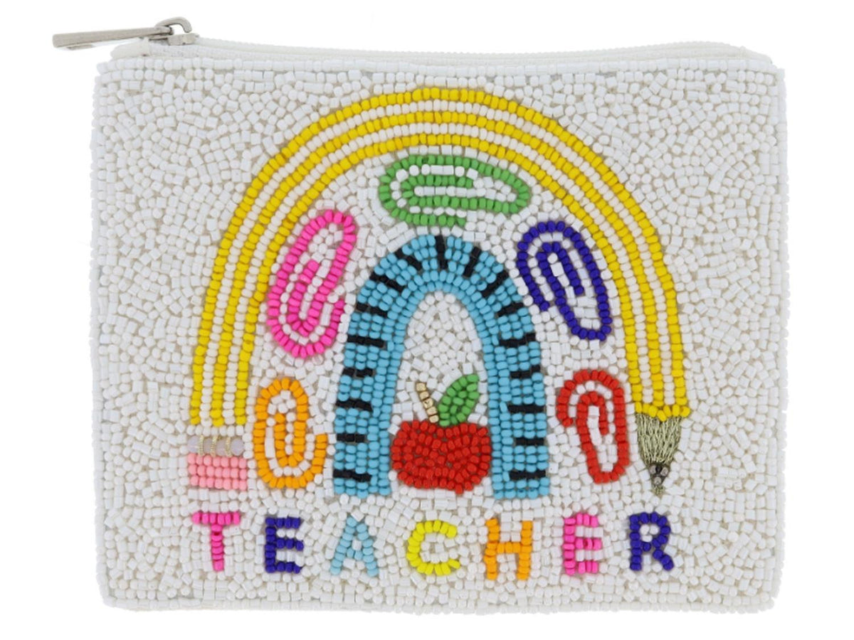 White Beaded with Pencil, Papeclip, Ruler Beaded Rainbow with "Teacher" Coin Purse