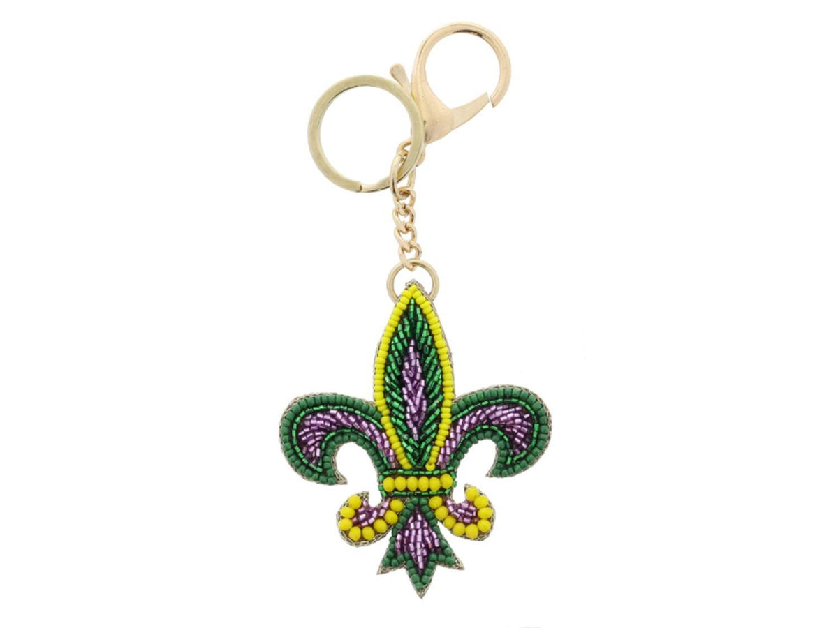 Multi Green, Yellow, Purple Beaded Fleur De Lis Keychain